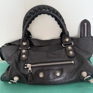 Authentic Balenciaga Black Leather Shoulder Bag with Silver Accents